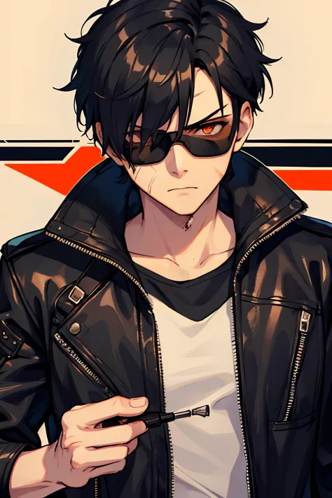 boy, strong, fighter, black hair, shades, technician, mechanic, band-aid on face, cut scars on face, leather jacket, blowtorch s...