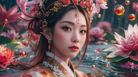 32K（tmasterpiece，k hd，hyper HD，32K）Big floating waves，Flowing rouge，ponds，zydink， a color， Asian people （Water Goddess）， （Bubble...