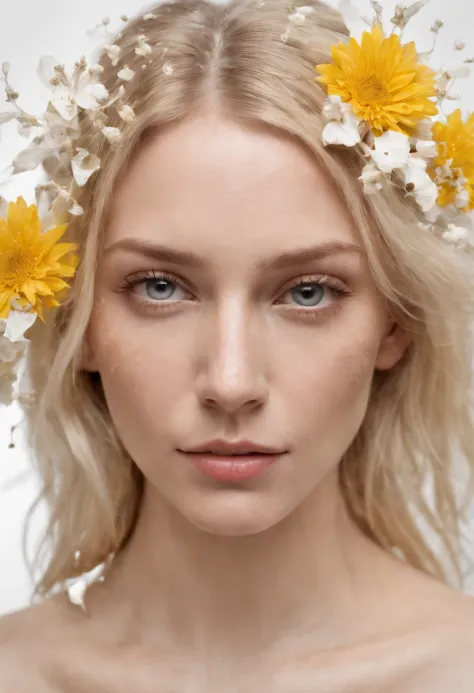 Caucasian woman in an illustration with dripping flowers on her face,upper body,blonde hair, in the style of collage-based, made of insects, william wegman, colorism, white background, pencil art illustrations, national geographic photo