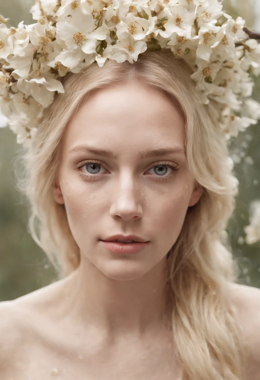 Caucasian woman in an illustration with dripping flowers on her face,upper body,blonde hair, in the style of collage-based, made of insects, william wegman, colorism, white background, pencil art illustrations, national geographic photo