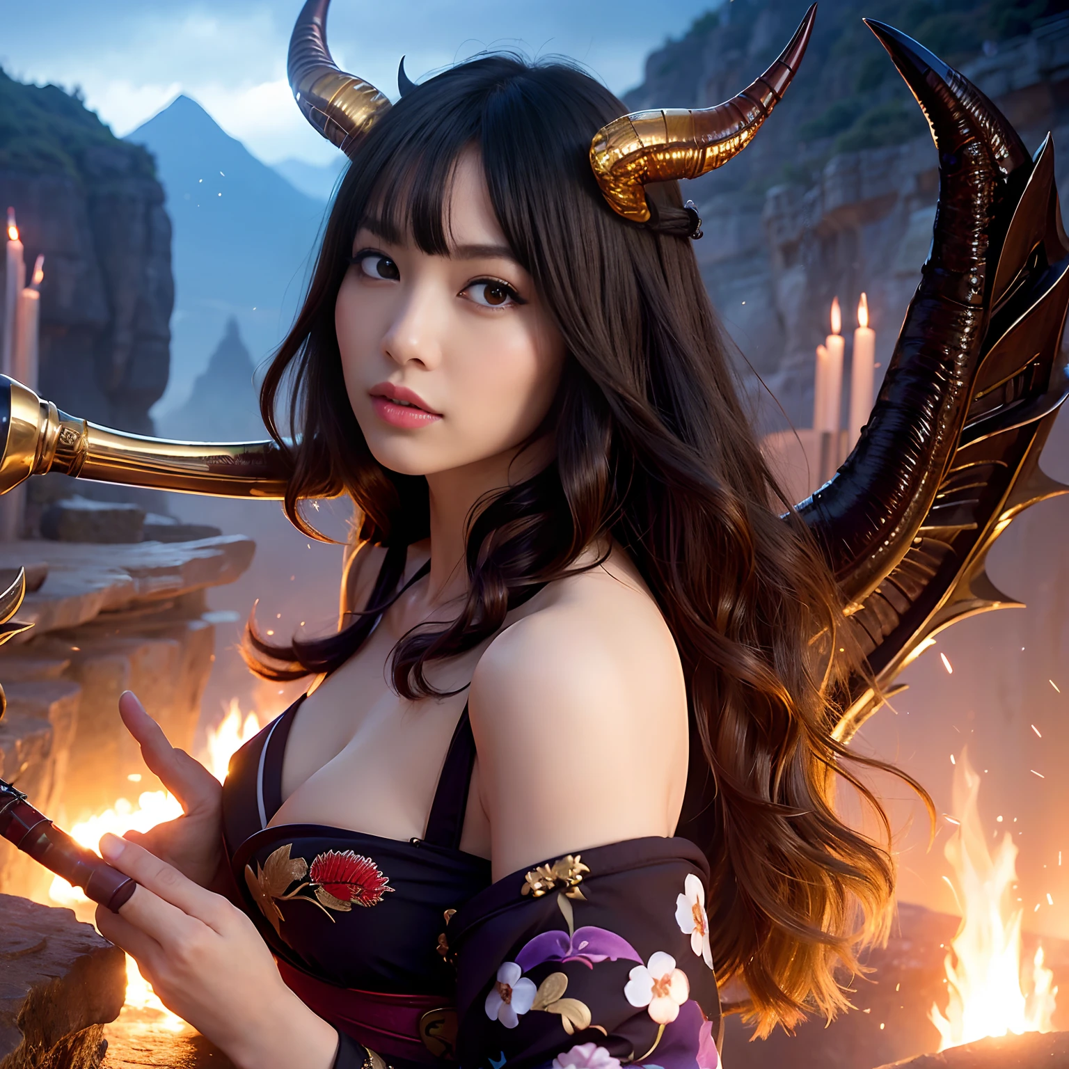 (((Fierce battle with aliens))),Professional , ​masterpiece、top-quality、photos realistic , depth of fields 、（sexypose）、(Black maple on the background of full bloom),（Ultimate Beauty）、A dark-haired、Mystical expression、（shrine background)、（Kimono with beautiful pattern）、（Night background）、Beautiful hair ornament on the head、,(intense fighting）,（（Precipitous cliffs））,(Wear a beautiful kimono),（Wear a colorful and beautiful kimono）、（Japan Castle Background）、Jewel Gold Weapon、Particles of light),(intense fighting）、Gorgeous gold weapons ,Castle background、（（ Gorgeous Dragon Sword）） , （a dark night）,,（maikurobikini） 、（（Black Haired Beautiful Girl））、（Castle background）、（demonic wings）、（（Gangle's forest background））、Beautiful Caucasian beauty、１a person、dynamic ungle,(((Two devil's horns on the head)))、Smaller head、Idle Smile、Thin and beautiful female hands、Mystical expression、Light Effects、intense fighting、Wind-effect、magic circles、With the legendary magic wand、Dragon's tail、Anatomically correct fingers、