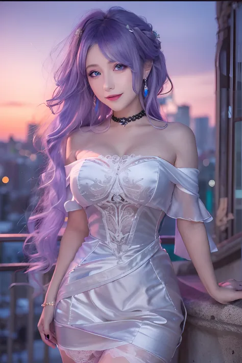 (Masterpiece), (Best quality), In winter, Sunset, Cityscape, (Huge_filesize), (Real), (Realistic), Girl, Long hair, Purple hair,...
