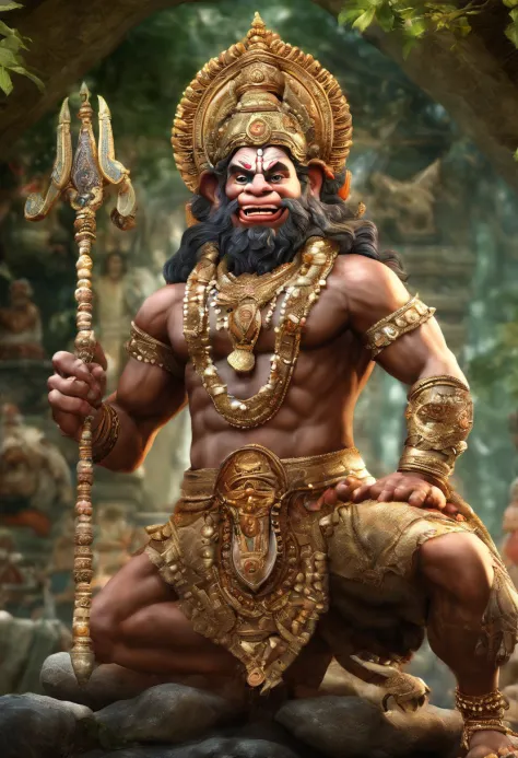 A photograph showcasing the divine essence of the hyper-realistic God Hanuman and shiva, rendered with unparalleled realism and intricate detail. Employing Unreal Engine 12, capture the radiant hues and lifelike colors that bring his presence to life. Ensu...