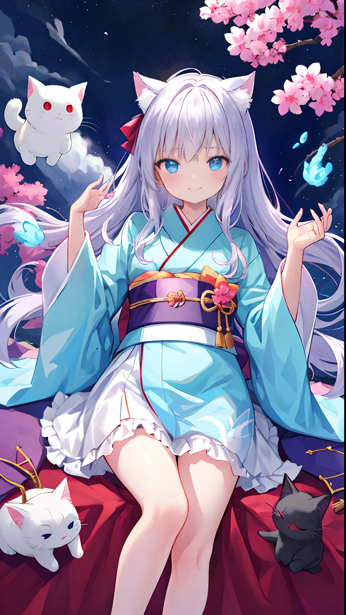 Beautiful illustration、top-quality、Cute  s、、PastelColors、fluffy cat ears、Petite、Silver long hair、Stuffed cat、Bright lighting、bright light blue eyes、​masterpiece+++、top-quality++、4K+++、8k+++、Beautiful fece、cute little++、cute  face+++、evil smile++、Light smile、Beautiful Landscapes++、Plein Air、natta、firey++、fancy+、mont、shrines++、Colored leaves++、water、Foot Raising、kimono、bare-legged、bow ribbon、hair adornments、laying on back、stretch、Looking at the camera、Light Effects++、Cinematic lighting++、Wind effect++、Eye Focus++、From  above+、vivd colour+、Red++