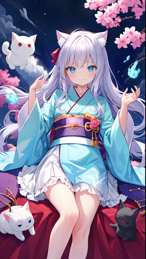 Beautiful illustration、top-quality、Cute little girl s、、PastelColors、fluffy cat ears、小柄、Silver long hair、Stuffed cat、Bright lighting、bright light blue eyes、​masterpiece+++、top-quality++、4k+++、8k+++、Beautiful fece、cute little++、cute  face+++、evil smile++、Lig...