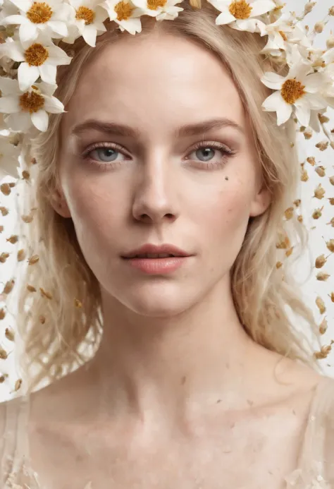 Caucasian woman in an illustration with dripping flowers on her face,upper body,blonde hair, in the style of collage-based, made of insects, william wegman, colorism, white background, pencil art illustrations, national geographic photo