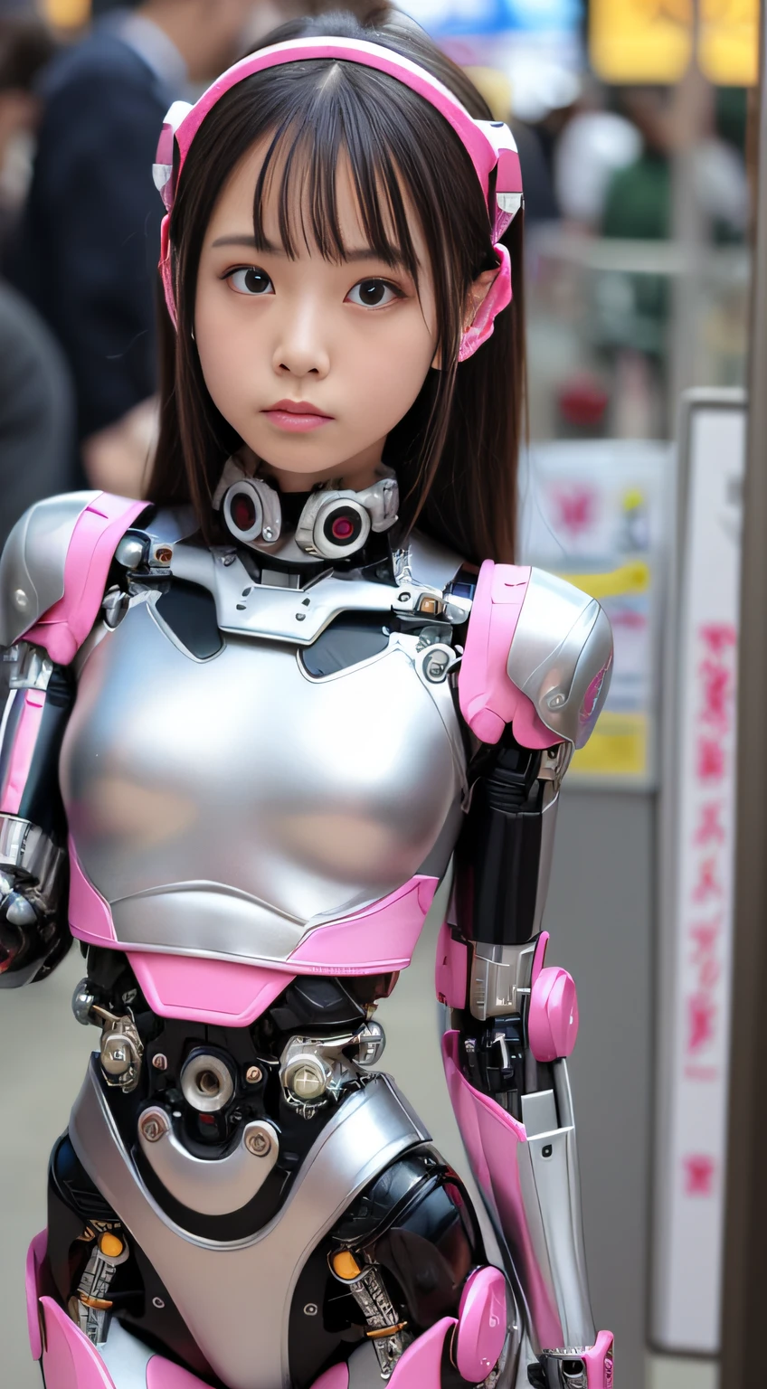 (Photorealistic: 1.4), 1 girl, (best quality), (ultra-detailed face), (ultra-well-formed face), (((robot parts)), (cyborg girl), (pink), (silver), (metallic), (full-body), (Moe-pose), (thin), (), (model body type), (mechanical exposure), (Akihabara), (looking at camera), (black hair), (9 heads), (small face), (well-groomed fingers) , (Idol), (frontal), (standing), (photo session), (sad), (costume)