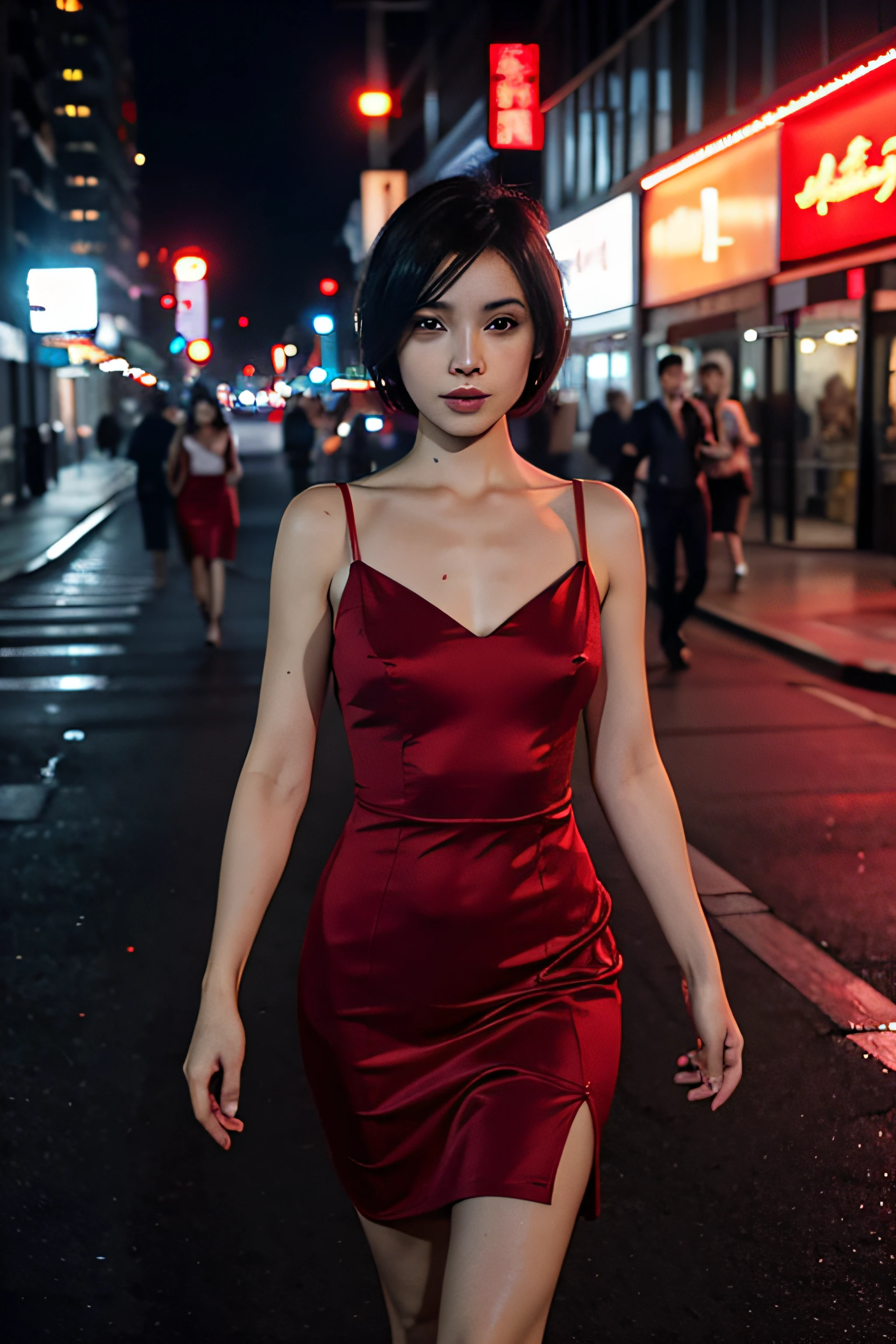 Senhora sexy de cabelos curtos com vestido vermelho andando na rua noturna