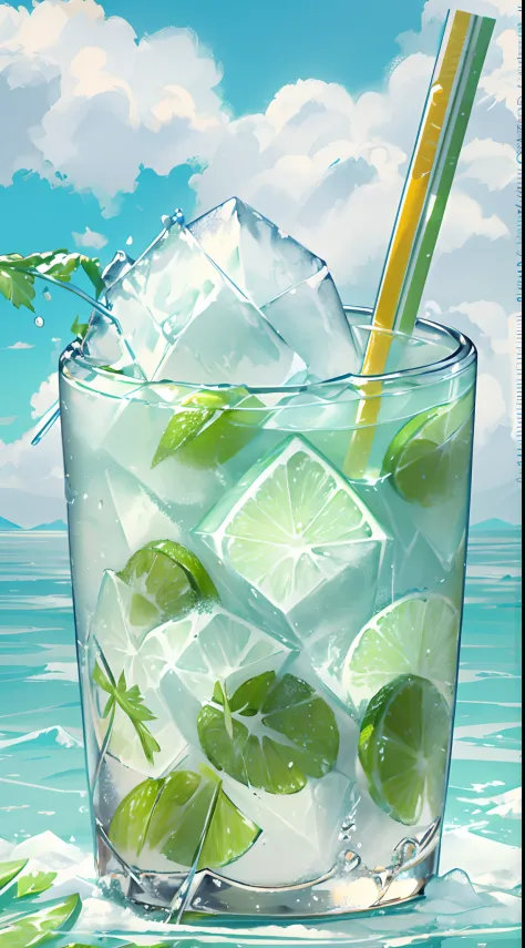 The mojito cocktail made of , Whiterun lime I stick sugar Ice ice cubes, and coconut juice. Milky white turns white. Very cool. There are colored straws and ice cubes, placed on green leaves, outdoors, a clear blue sky, beautiful clouds