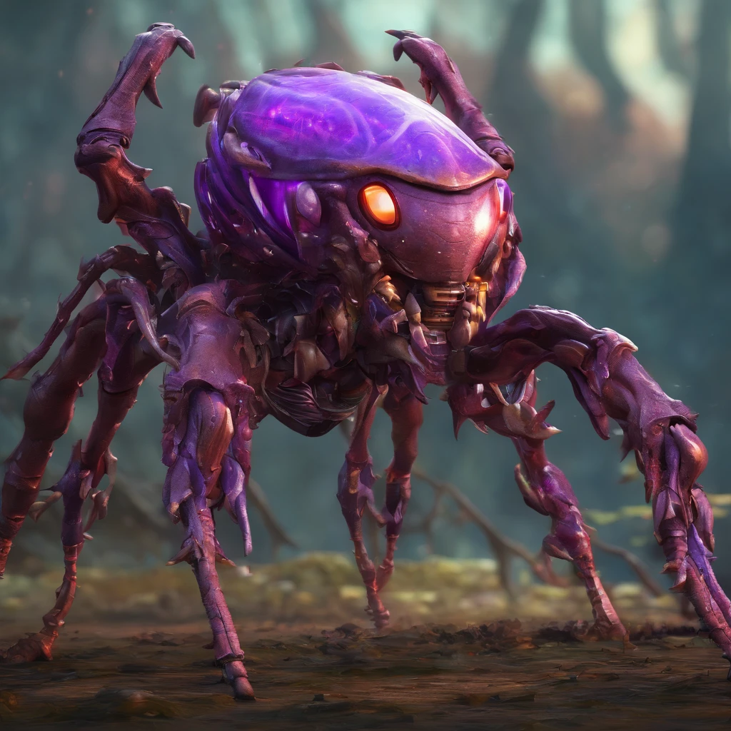 A purple bug with huge claws and fangs, zerg, Zerg StarCraft, A scene from the《StarCraft》, space insect android, insect like, Shogoth, changelingcore, Creature - Mecha face, Swarms of mutant organisms, zerg hydralisk, detailed maw, Alien biological weapons, nanotech demonic monster horror, detailed hot maw, Alien hive，Poisonous luminous bugs，