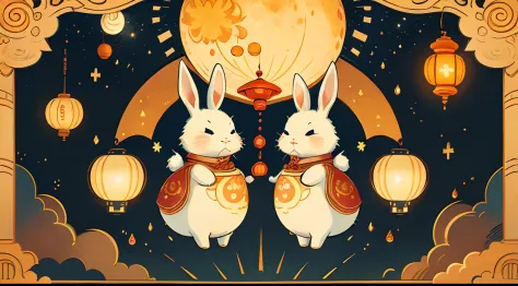 Mid-Autumn Festival atmosphere，Two rabbits carrying lanterns，themoon，lanterns，starrysky，cartoonish style