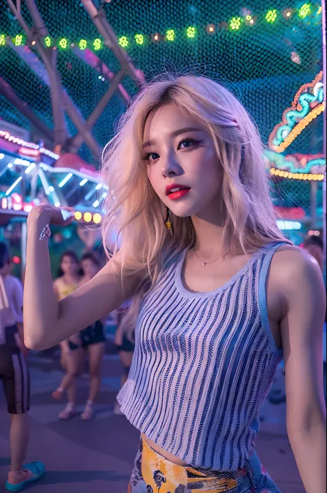 1girl in, Super beautiful girl, Dream Girl, Wearing blue, ulzzangs, Dancing, Concert in amusement park in the background, Lightn...