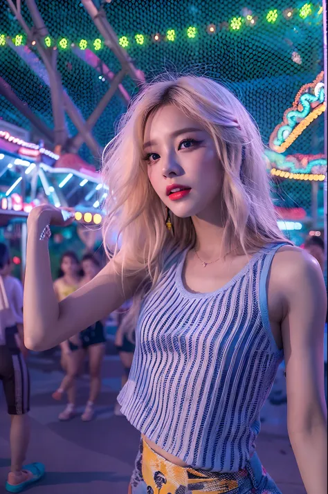 1girl in, super beautiful girl, dream girl, wearing blue, ulzzangs, dancing, concert in amusement park in the background, lightn...