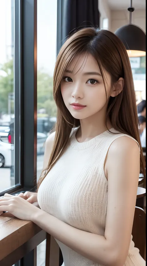 top-quality, ​masterpiece, 8K picture quality, high-detail, Photonic style, 细致背景, A beautiful woman aged 27 to 40 is wearing a tight-fitting, sleeveless knit dress. She leans against a chair in a stylish cafe, with a shapely bust, a well-defined waist, and...