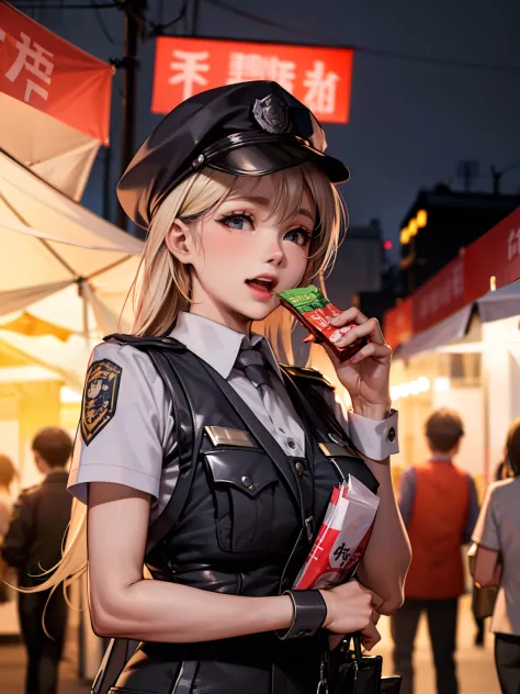 A bustling night market. Policewoman, Carry snacks, And her face is full of joy and satisfaction.