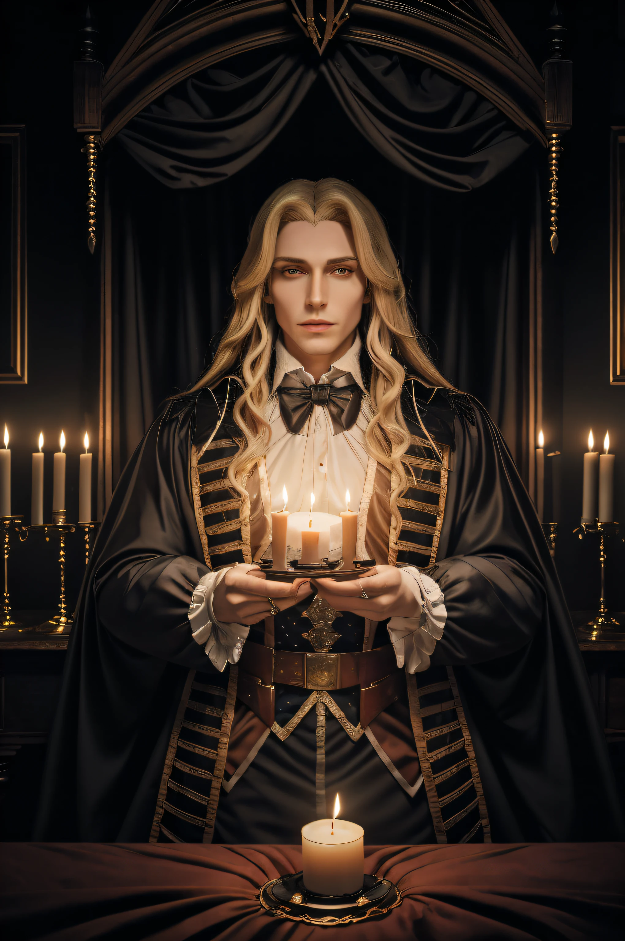 1ชาย, ผู้ชายหล่อ, ภาพบุคคลส่วนบนของ Alucardcastlevania สวมชุดราชสำนักอยู่ในห้องนอนสไตล์โกธิค, เทียน, กำลังมองหาผู้ดู, ไฟโลว์คีย์, มืด, สยองขวัญ \(เรื่อง\), เหมือนจริง, สีบลอนด์ยาว,