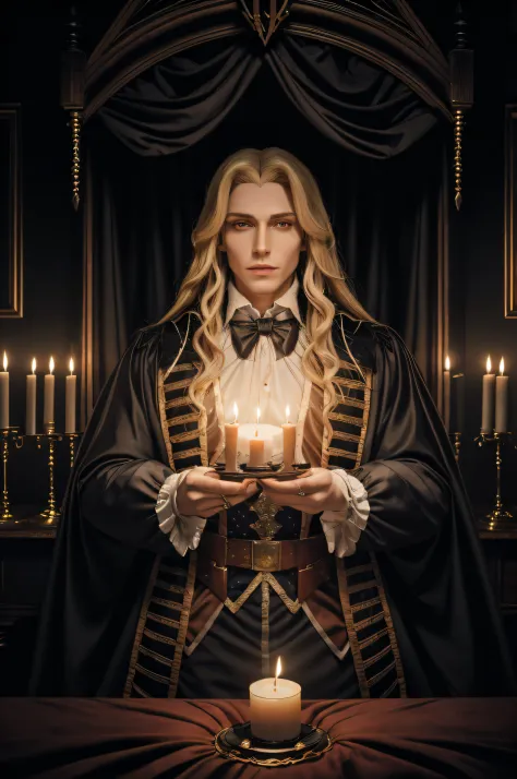 1male, handsome male, Portrait of the upper body of Alucardcastlevania wearing a court costume in the bedroomGothic room, candle...