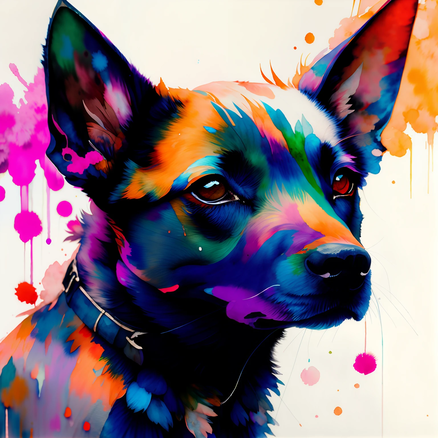 Wtrcolor style, number art (Dog character), offcial art, frontal, Smiling, Masterpiece, Beautiful, ((aquarelle)), facepaint, paint splatter, Intricate details. Highly detailed, Detailed eyes, [Dripping:0.5], trending on artstationh, author：Rachel Walker