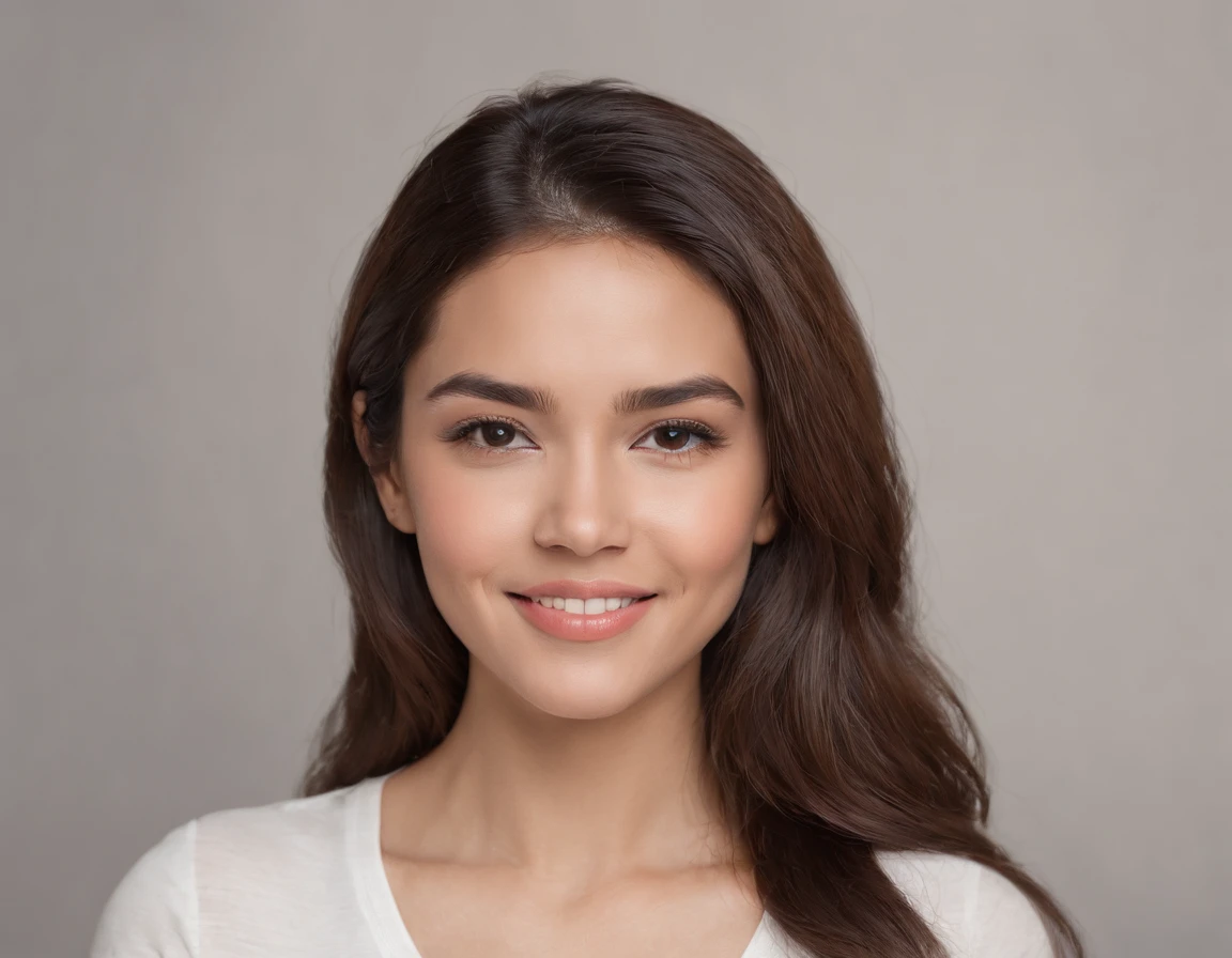 (Photo: 1.3) af (realism: 1.3), (Hispanic), Latina woman profile picture, (frontal close-up), soft light, clear face, happy, cheerful, warm light, white T-shirt, (off-white background), (blank background), ((gray wall background)) avatar, (long hair), smile, beautiful, young,, short hair, smile, (close-up)