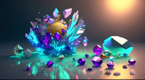 A lot of gemstones are scattered on the floor,  luxurious decor, Bio-luminescence, elegant, painting-like, Ultra-detailed, Delicate; with an intricate, surreal concept art, Aesthetic, smooth, Sharp, professional, masutepiece, custom, Best quality, color co...