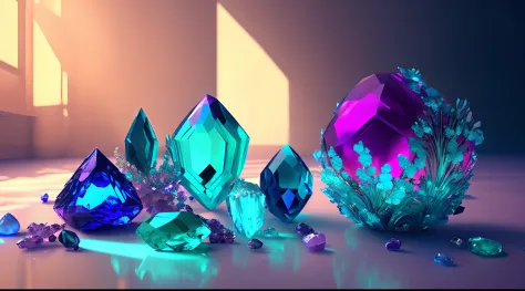 A lot of gemstones are scattered on the floor,  luxurious decor, Bio-luminescence, elegant, painting-like, Ultra-detailed, Delicate; with an intricate, surreal concept art, Aesthetic, smooth, Sharp, professional, masutepiece, custom, Best quality, color co...