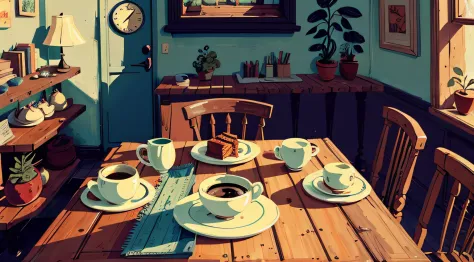 there is a painting of a cup of coffee and a plate of food on a table, cozy cafe background, relaxing concept art, cafe, lofi ar...