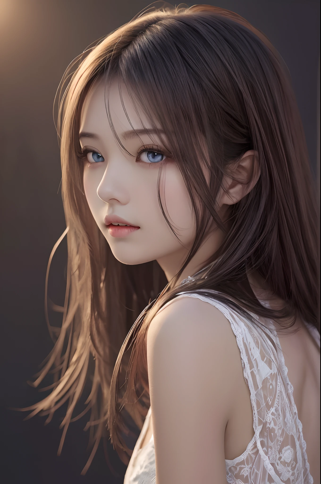 best qualtiy， tmasterpiece， 超高分辨率， （realisticlying：1.37）， RAW photogr， 1girl， long whitr hair， beautidful eyes， beauitful face， Detailed eyes and face， no clothe，Art model， 动态照明， in the darkness nigth， deep shading， low tune， Cowboy shooting,