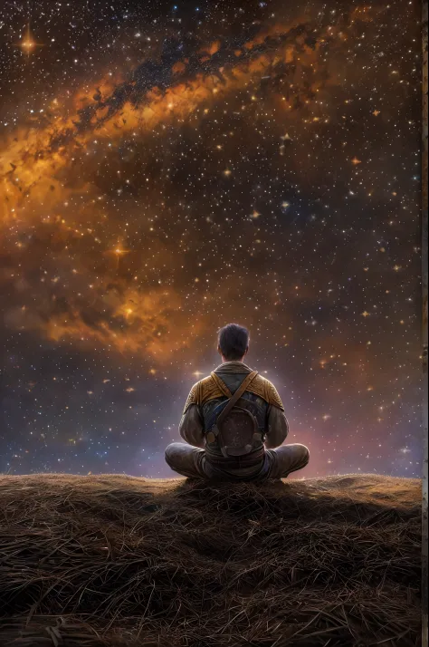 (Best quality, A high resolution, Ultra-detailed:1.2), (hdr, Sharp focus), (Realistic:1.37), (Painting,Photography), Lone warrior meditates under the vast starry sky, Exudes a golden aura，male people（Young men）