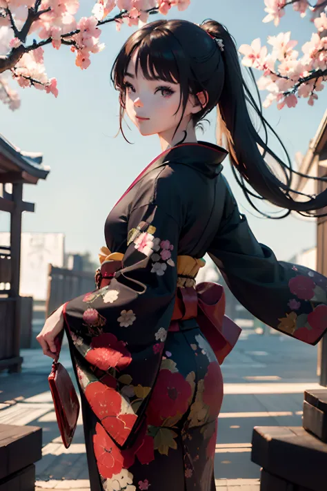 (masterpiece), best quality, expressive eyes, perfect face Beautiful Japanese woman cartoon, cartoon is cute anime, Beautiful Japanese kimono, There is a dragon embroidery on the kimono. kimono colour is black and red, Japanese woman is long hair, hair col...