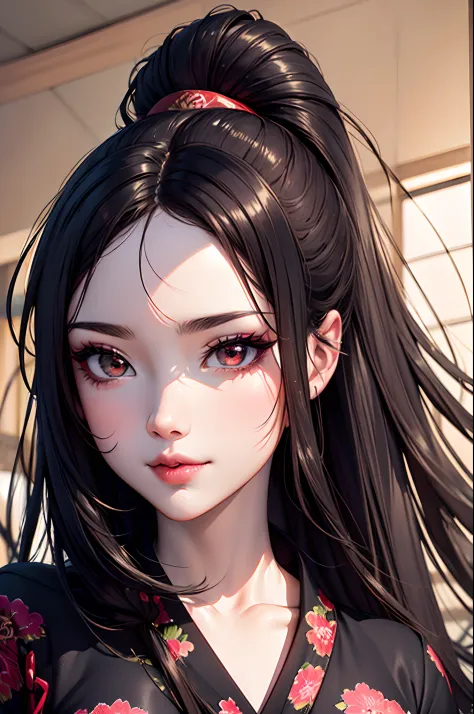 (masterpiece), best quality, expressive eyes, perfect face Beautiful Japanese woman cartoon, cartoon is cute anime, Beautiful Japanese kimono, There is a dragon embroidery on the kimono. kimono colour is black and red, Japanese woman is long hair, hair col...