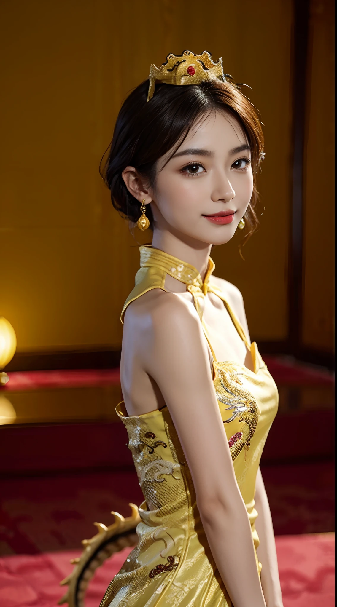 small head, (perfect bodies: 1.1), (short-length straight black short hair: 1.2), （极其细致的CG 8k壁纸），（Extremely refined and beautiful），（masterpiece），（best qualtiy：1.0），（超高分辨率：1.0），[A high resolution]，cheerfulness，Smile，Smooth and flawless fair skin，ultra - detailed,(Small breasts:1.1),Flat chest,Slim,thin,(gorgeous Yellow Chinese Dragon style Queen Evening long Dress:1.4),jewels,Luxury Chinese Palace Background，from front，(Close shot:1.3),cowboy shot,(upperbody:1.3),bare shoulder,shoulder off