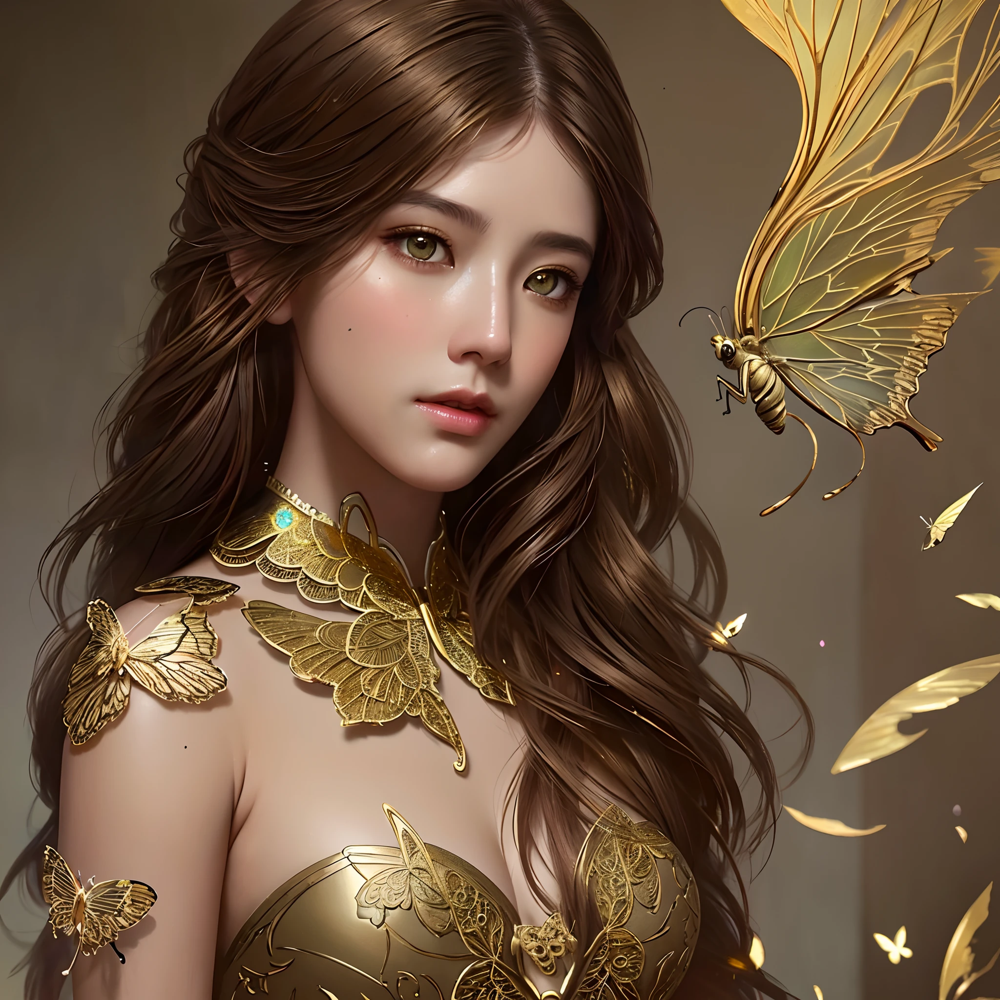 8k portrait of beautiful cyborg with brown hair, intricate, elegant, highly detailed, majestic, digital photography, art by artgerm and ruan jia and greg rutkowski surreal painting gold butterfly filigree, broken glass, (masterpiece, sidelighting, finely detailed beautiful eyes: 1.2), hdr,