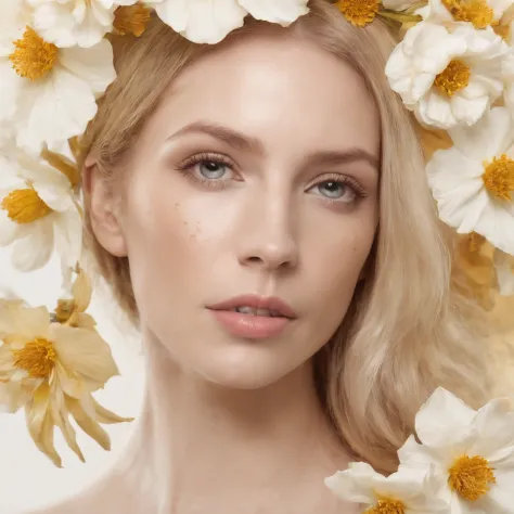 Caucasian woman in an illustration with dripping flowers on her face,upper body,blonde hair, in the style of collage-based, made of insects, william wegman, colorism, white background, pencil art illustrations, national geographic photo,full body