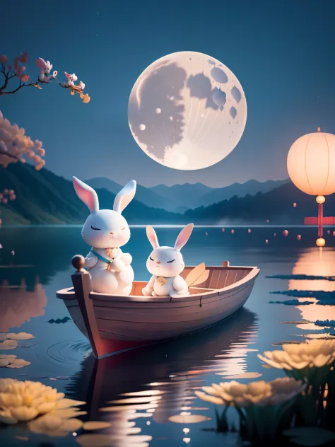 the night，Two rabbits rowing on the lake，The background is a bright bright moon，Blind box wind，Beautiful，high qulity，cinematic colorgrade，Traditional Chinese elements，National Day Mid-Autumn Festival poster，Blue Lake，A gentle breeze blows on the lake，The r...