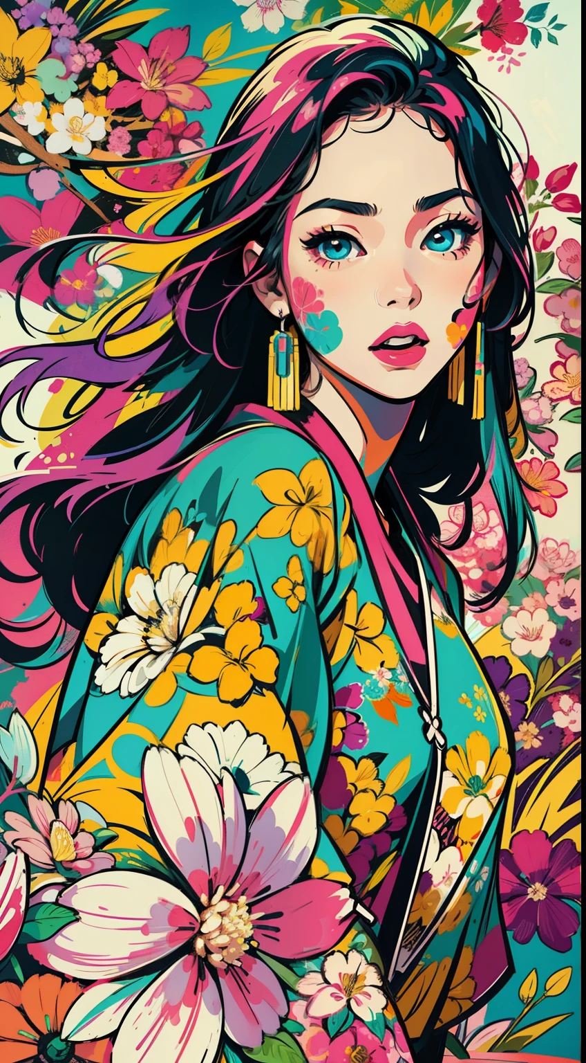 Crie arte digital no estilo Pop Art, Apresentando uma jovem asiática vibrante e confiante，Moda de rua, Esquema de cores do filme, Rodeado por motivos florais vintage, Pinceladas vibrantes,As emoções devem ser dinâmicas, tronco, desenho, ilustração, escala cinza, Tropical, Muitas flores,