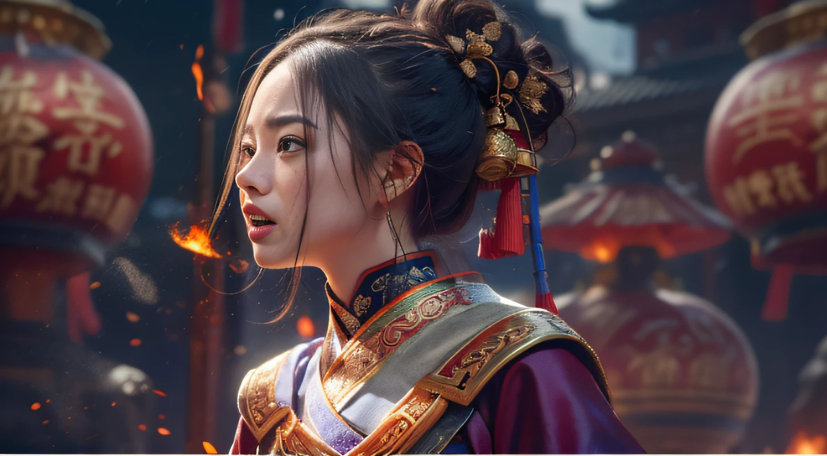 复杂，Elegant woman，highly  detailed，Majestic kung fu man，Digital photography，Top cinema lenses，surrealism painting，Broken rubies，Beating magic，Entwined water magic，（tmasterpiece，Cinematic light，Fine beautiful eyes：1.2），hdr，Void 5 Energy Storm，(Chinese men and girls，Black eyes:1.5），fully body photo, Asian woman colorful bells，Black hair and two-tailed black eyes, In a quaint city, wearing a hanfu、Silk top linen long skirt, Fight humanoid robots with gold thread, Use large slicers, Equipped with a long mahogany cold gun, Fire Thunder Attack Magic, Fire flames into the sky, Magic Attacks, Fireball launch, Quick click, blasts, hand to hand combat, Fighting, Roundhouse kick, jump kick, Applause broke out, Punch face, Open mouth, Screaming, Frontal shot, Side shot, rear shot, Back shot, Behind the lens, Masterpiece, realist detail，Real human photos,32K,Telephoto photo，tiny model，deep in the night，Lunar soil，skewer