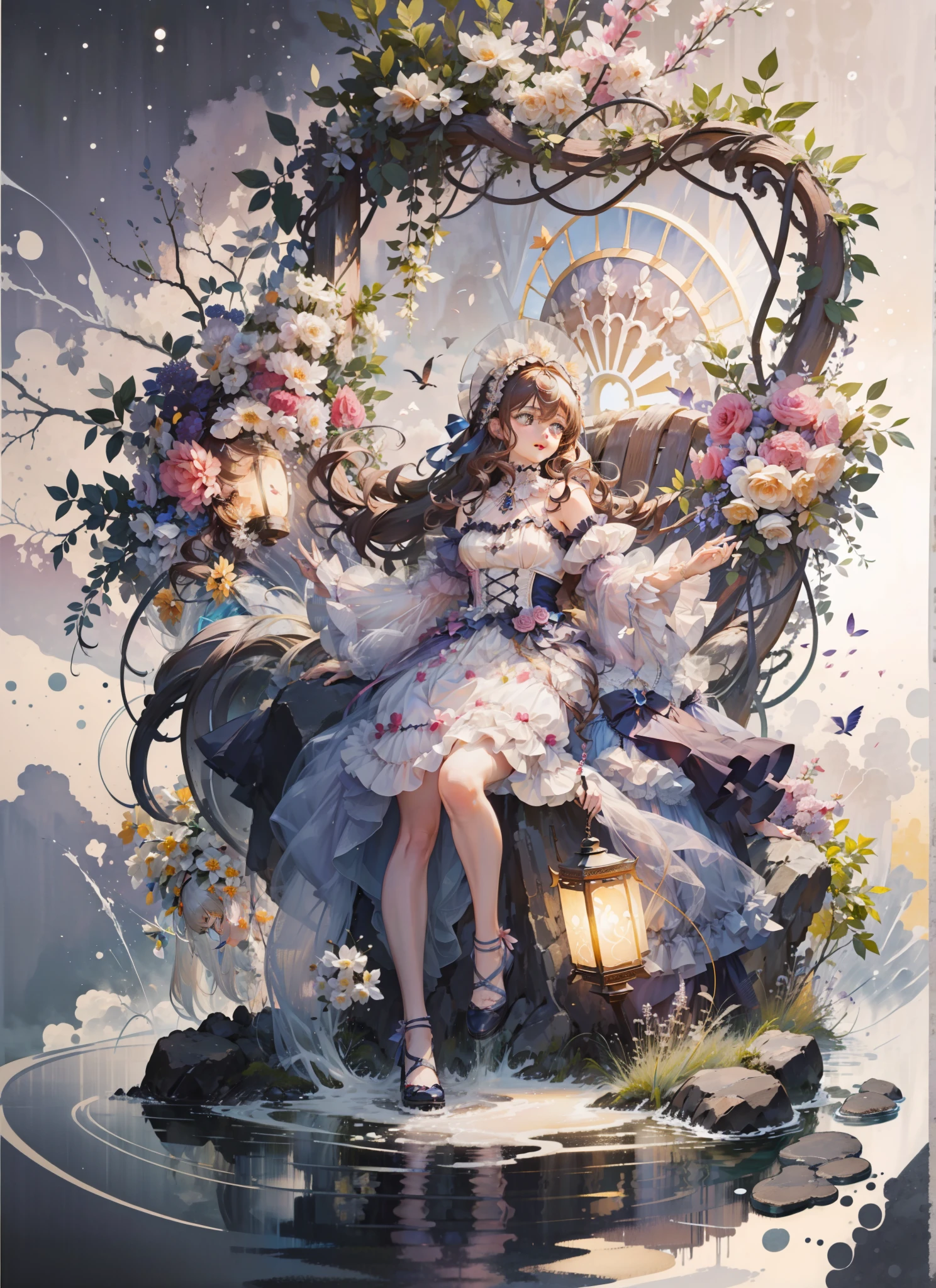 (Extremely delicate and beautiful:1.5),1girll, standing on your feet，full bodyesbian，Sweet face，Light smile，By bangs, Gemstone eyes, Contre-Jour，Long curly hair, Lolita dress, brown  hair, Keep one's mouth shut, seen from the side, lanterns, light particules, longer sleeves, looking at viewert，pink bows，solo