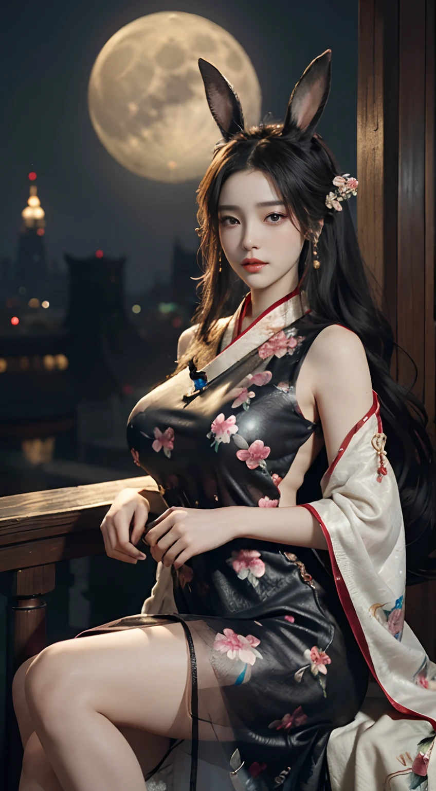 Chang'e，(((Hanfu)))，(((period costume)))，Tang and Song court costumes，(((Huge Moon)))，sitted，(((Big rabbit)))，Skysky，Sit Pose，Top CG，Highest image quality，tmasterpiece，Delicate and delicate beautiful girl，(Tall and tall)，Royal Sister，Queen temperament，with fair skin，(((long leges)))，Perfect facial features，Bright eyes，Enchanting pose，Red lips，Beautiful and cold， (Big breasts),Beautiful and handsome，Long black silky hair，glittery，Skin is visible through see-through，(((Floral dress)))，8K quality，(Realistic portraits)，Characters fill the frame，((Face lighting)),
