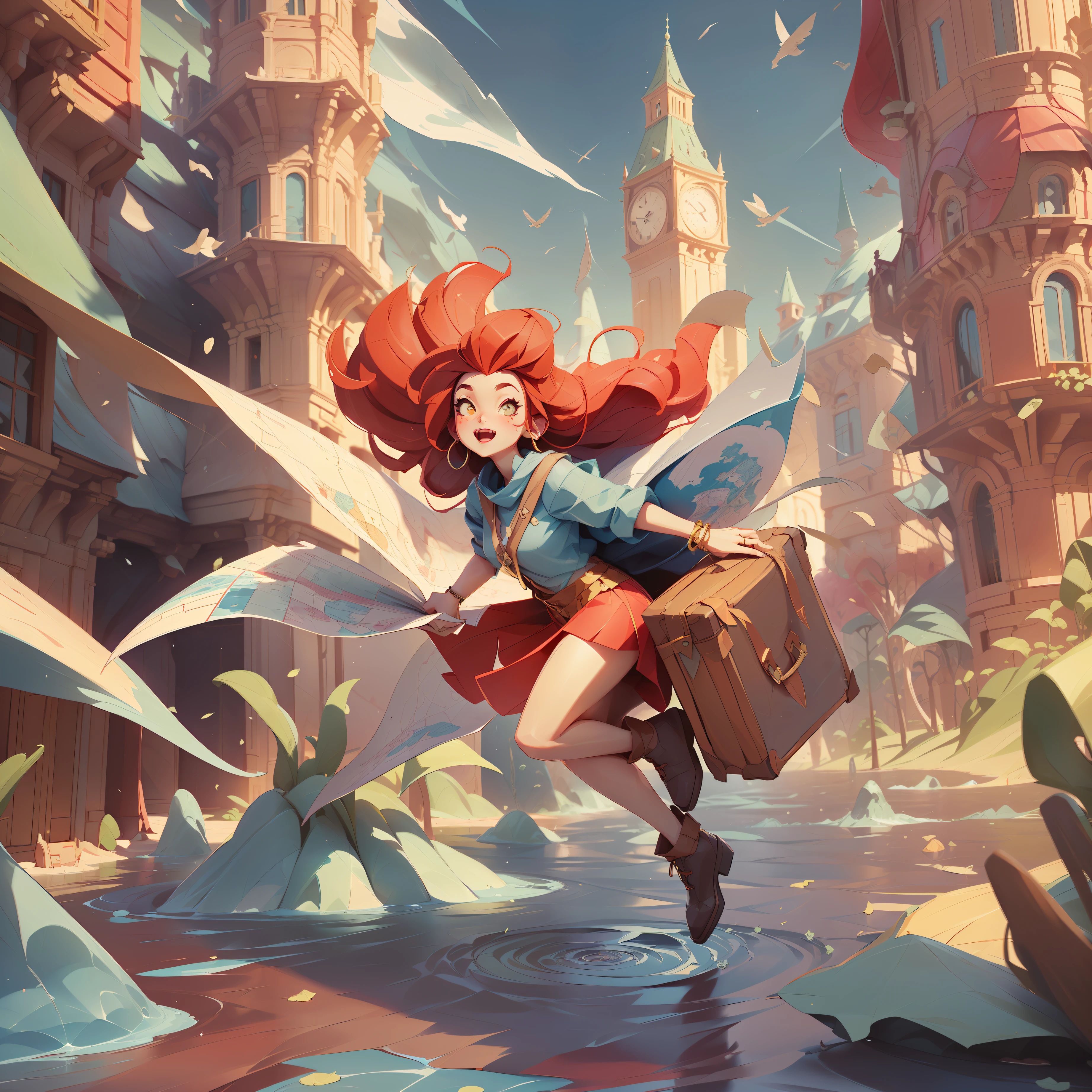 (((шедевр)путешественник, карты летают на ветру, магические частицы, загадочная девушка, яркие цвета, 1 девушка, девушка с рыжими волосами