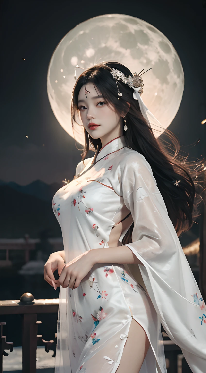 Chang'e，(((White Hanfu)))，(((White period costume)))，(((White Tang and Song court costumes)))，(((Huge Moon)))，Rabbit ears，Skysky，Sit Pose，Top CG，Highest image quality，tmasterpiece，Delicate and delicate beautiful girl，(Tall and tall)，Royal Sister，Queen temperament，with fair skin，(((long leges)))，Perfect facial features，Bright eyes，Enchanting pose，Red lips，Beautiful and cold，(Big breasts),Beautiful and handsome，Long black silky hair，glittery，Skin is visible through see-through，(((Floral dress)))，8K quality，(Realistic portraits)，Characters fill the frame，((Face lighting)),