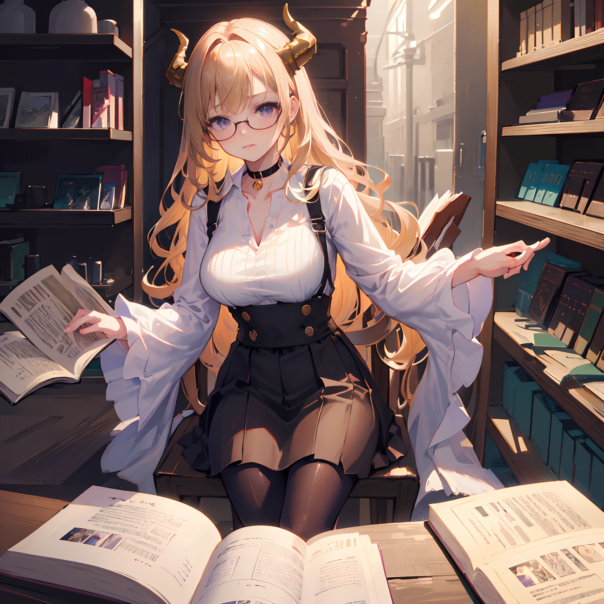 Solo, 1girl, masterpiece, best quality, extremly detailed, Cinematic lighting, intricate detail, highres, official art, finely detailed beautiful face and eyes, high resolution illustration, 8k, dark intense shadows, overexposure,  [blonde hair/brown hair], single braid, purple eyes, glasses, smug, sitting on chair, upper body, (opaque brown pantyhose), large breasts, V-neck, choker, white shirt, suspenders, book_stack, library, ((vine)), rose, looking at the viewer, dragon horns