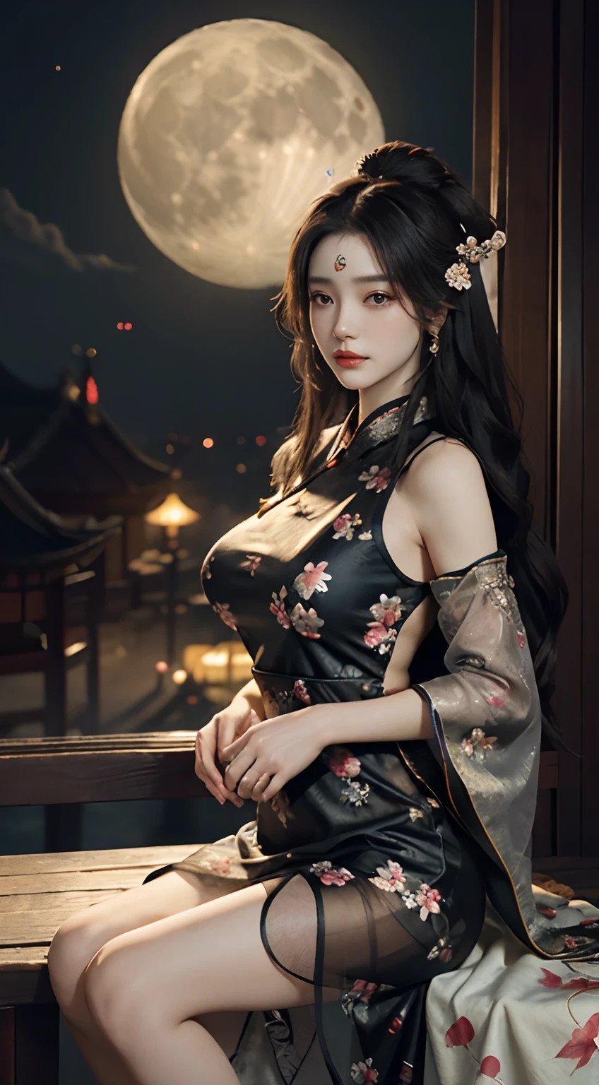 改变，(((Hanfu)))，(((时代服装)))，唐宋宫廷服饰，(((巨大的月亮)))，坐，(((大兔子)))，天空天空，坐姿，顶级 CG，最高图像质量，杰作，娇柔美少女，(又高又高)，皇室姐妹，女王气质，皮肤白皙，(((长法)))，完美五官，明亮的眼睛，迷人姿势，红唇，美丽而冷酷， (大乳房),美丽帅气，乌黑柔滑的长发，闪闪发光的，透过透明的玻璃可以看到皮肤，(((花裙)))，8K 画质，(写实肖像)，人物填满画面，((面部照明)),