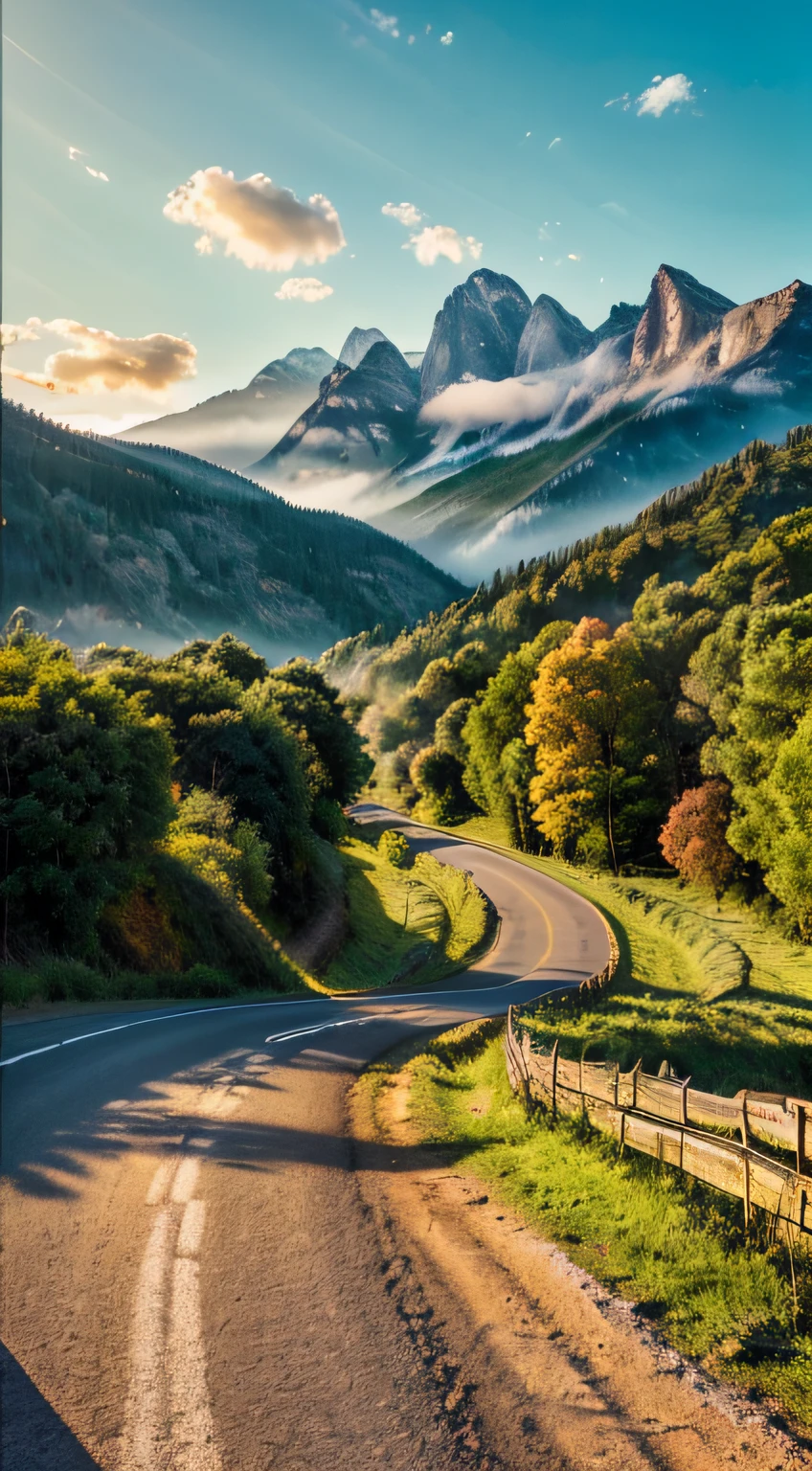 (best quality,4k,8k,highres,masterpiece:1.2),ultra-detailed,(realistic,photorealistic,photo-realistic:1.37),landscape,scenic view,serene atmosphere,nature,greenery,dreamlike,rays of sunlight,golden hour,peaceful,quiet,tranquil,country side,unpaved road,endless path,distance,exploration,adventure,beginning,new journey,unknown destination,wonder,,possibilities,lush trees,twisting and turning,mountains in the distance,warm colors,soft shadows,mild breeze,hopeful,fresh start,forward motion.