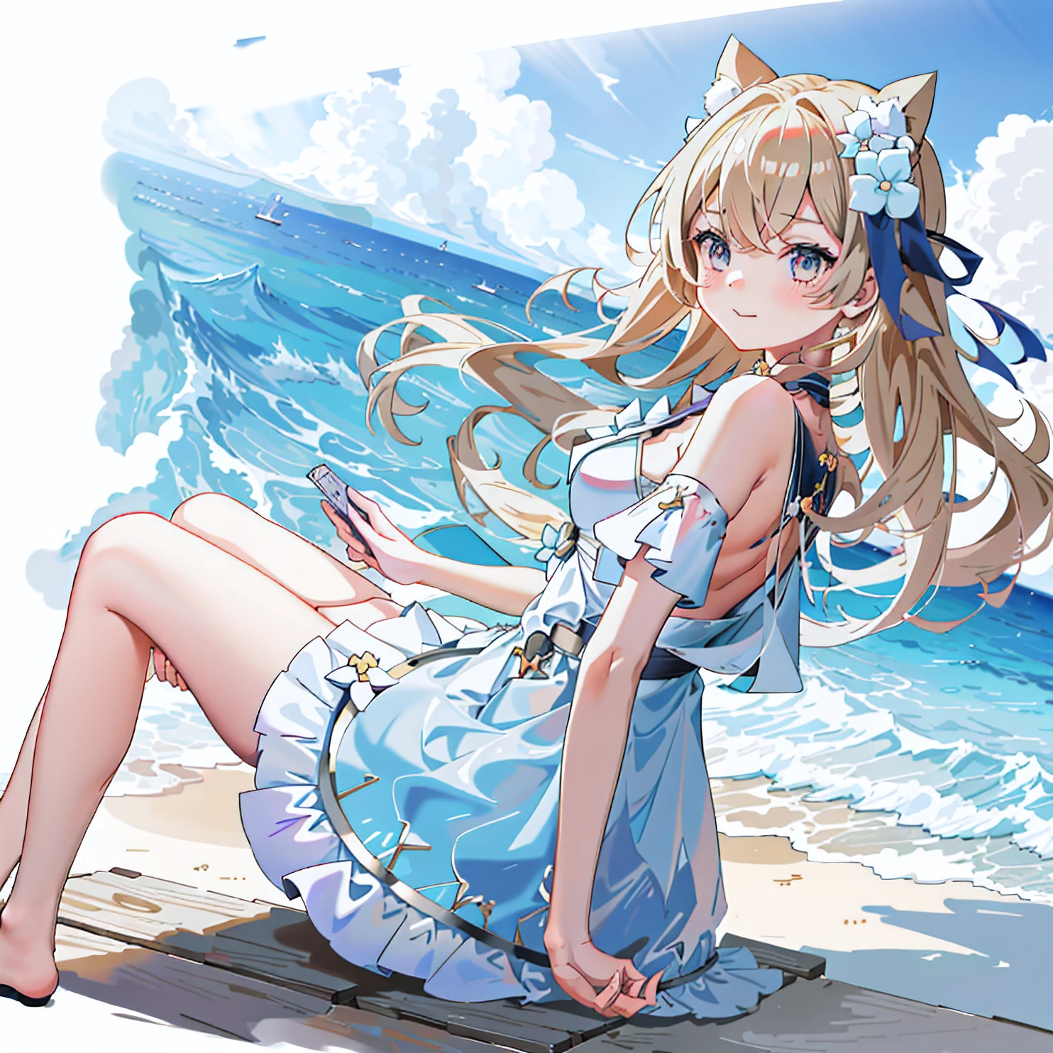 Anime girl sitting on beach holding cell phone, loli in dress, cute anime waifu in a nice dress, Very beautiful anime cat girl, beautiful anime catgirl, Splash art anime Loli, Kawasi, Loli, Beautiful anime girl, cute anime catgirl, (Anime girl), Cute anime girl, anime girl with cat ears