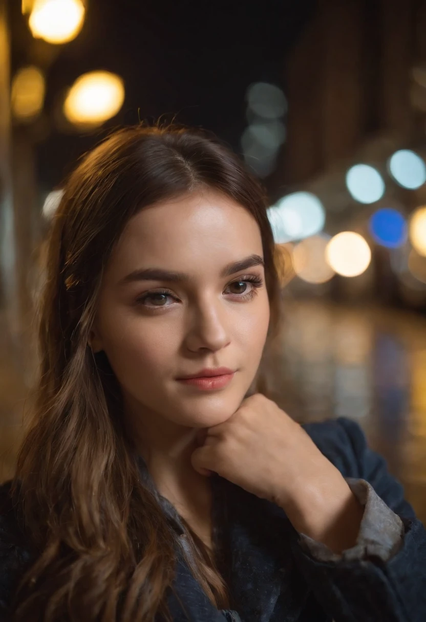 Girl on a rainy night，Front lens，Street background （Close-up Shot Shot：1.6），best qualtiy，f / 1 HD photography T bokeh，Depth of field Macro The atmosphere is sad