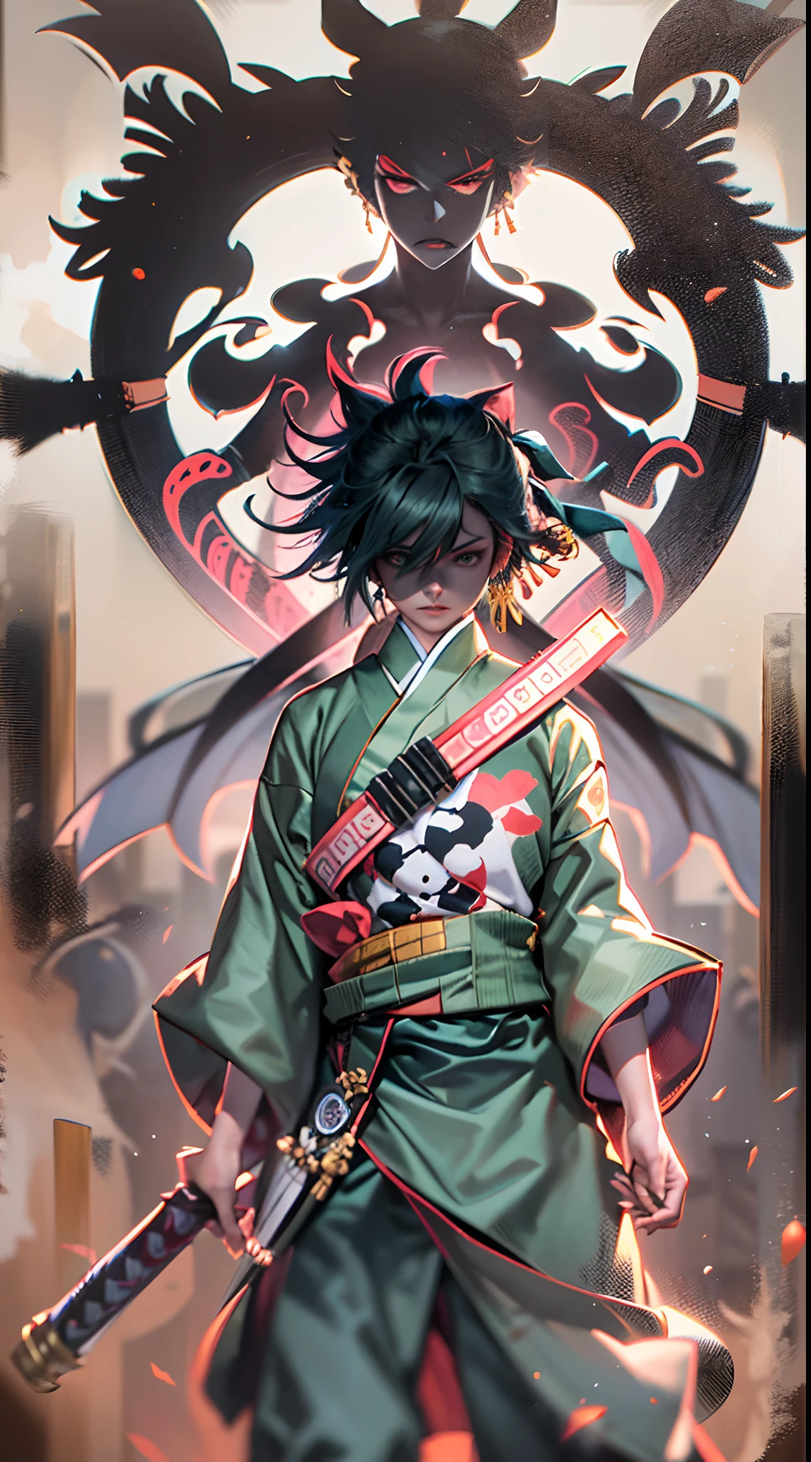 Anime character with sword and green outfit standing in front of a ...