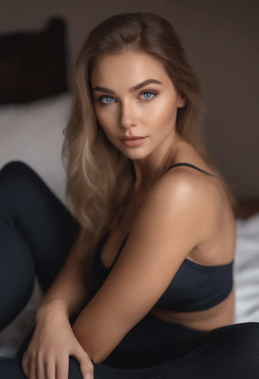 A close up of a woman in a black bra top and leggings - SeaArt AI