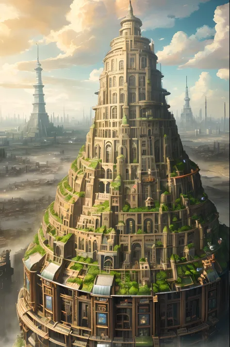(((best quality))),(((ultra detailed))),(((masterpiece))), illustration, ((Tower of Babel)), A steam punk city full of copper-green buildings, Full shot photo of the most beautiful artwork in the world featuring steam punk city, intricate details, high res...