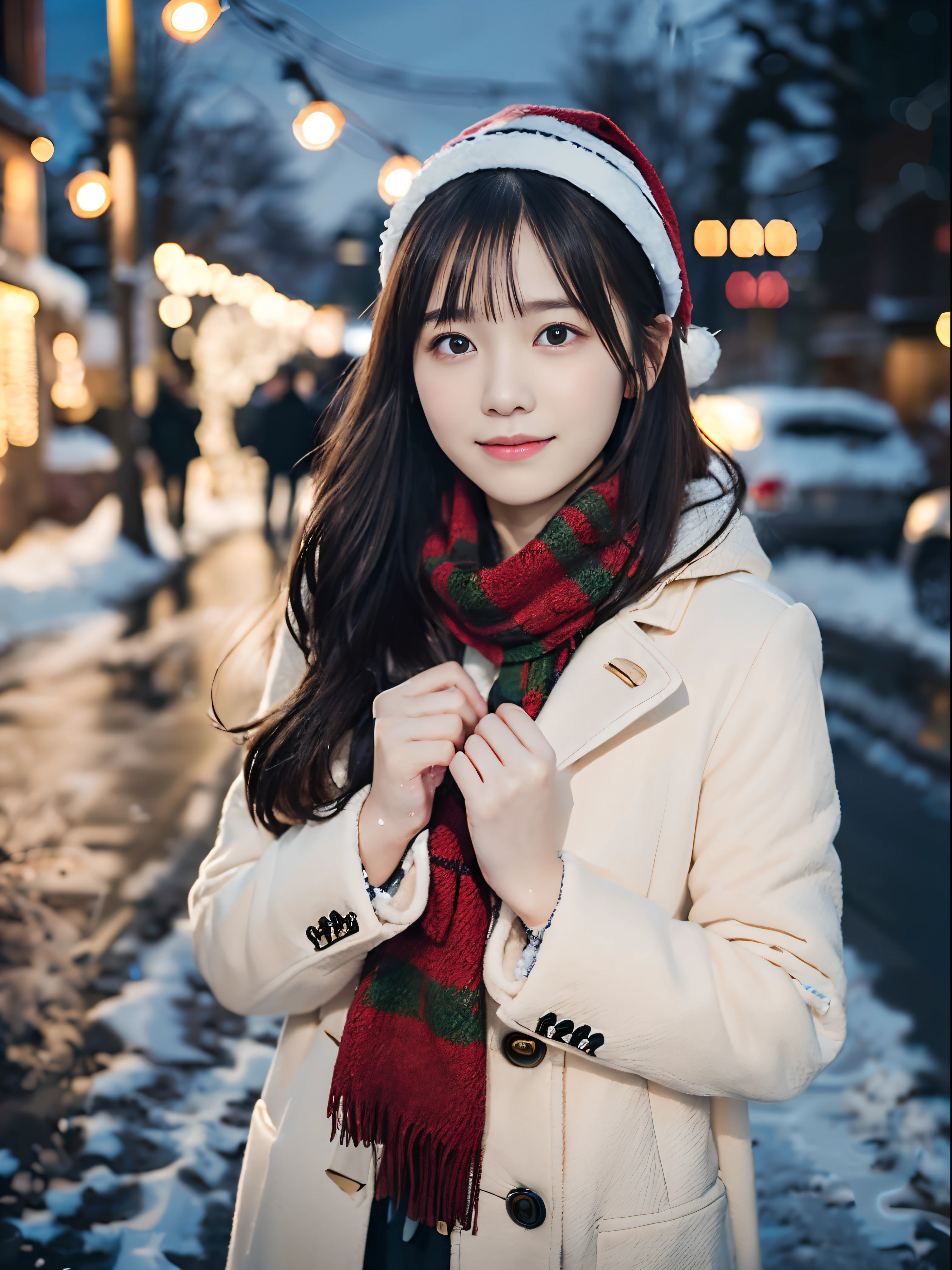 (Close-up face shot of one slender girl has long hair with dull bangs in winter uniform with scarf, coat and groves:1.5)、(One girl open her arms with small smile and her hair flutter in the wind :1.5)、(Snowing winter night street corner with Christmas lights:1.5)、(Perfect Anatomy:1.3)、(No mask:1.3)、(complete fingers:1.3)、Photorealistic、Photography、masutepiece、top-quality、High resolution, delicate and pretty、face perfect、Beautiful detailed eyes、Fair skin、Real Human Skin、pores、((thin legs))、(Dark hair)