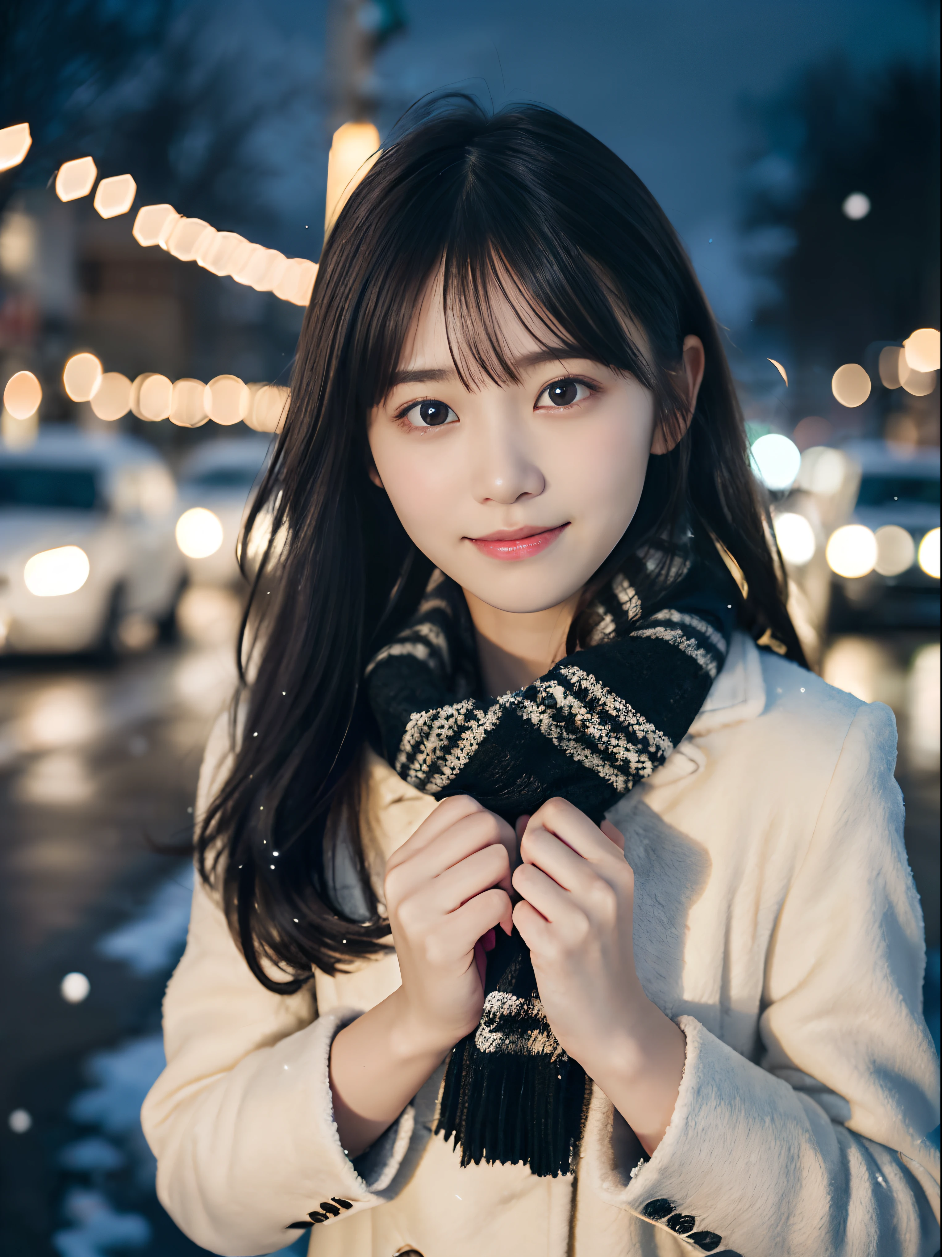 (Close-up face shot of one slender girl has long hair with dull bangs in winter uniform with scarf, coat and groves:1.5)、(One girl open her arms with small smile and her hair flutter in the wind :1.5)、(Snowing winter night street corner with Christmas lights:1.5)、(Perfect Anatomy:1.3)、(No mask:1.3)、(complete fingers:1.3)、Photorealistic、Photography、masutepiece、top-quality、High resolution, delicate and pretty、face perfect、Beautiful detailed eyes、Fair skin、Real Human Skin、pores、((thin legs))、(Dark hair)